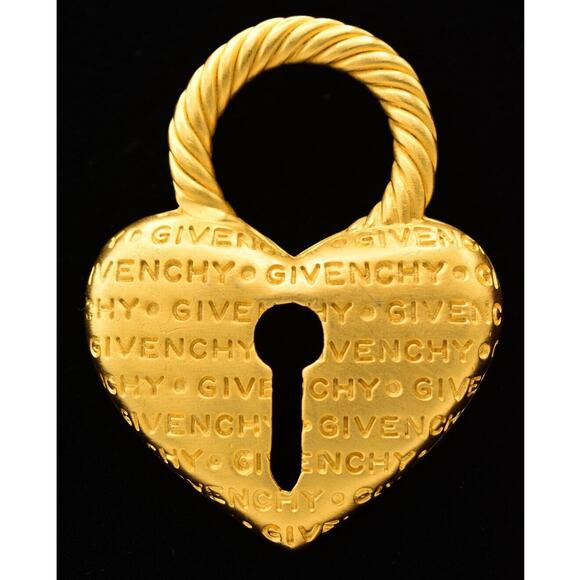 Givenchy Vintage Chunky Logo Heart Pin Brooch Padlock Brushed Gold Signed BinAQ - Picture 1 of 12